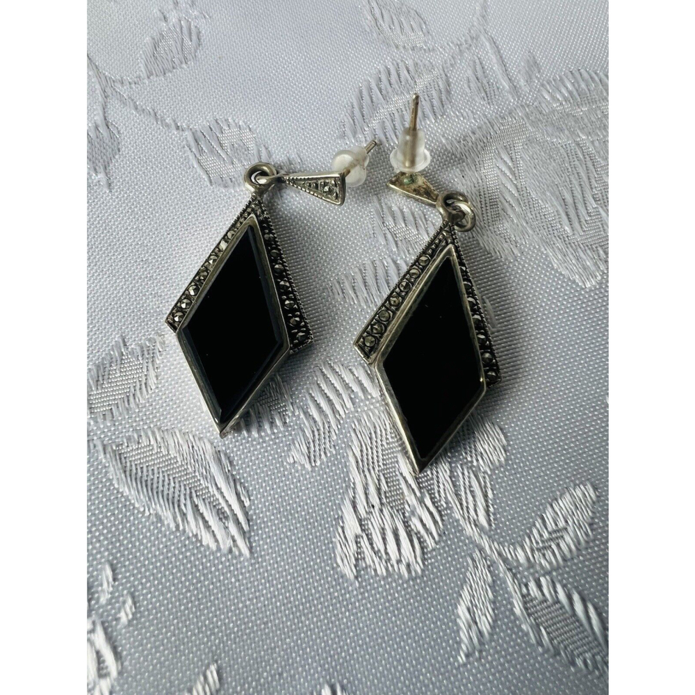 Vintage Sterling Silver, Black Onyx and Marcasite Post Earrings 1.5 Inch